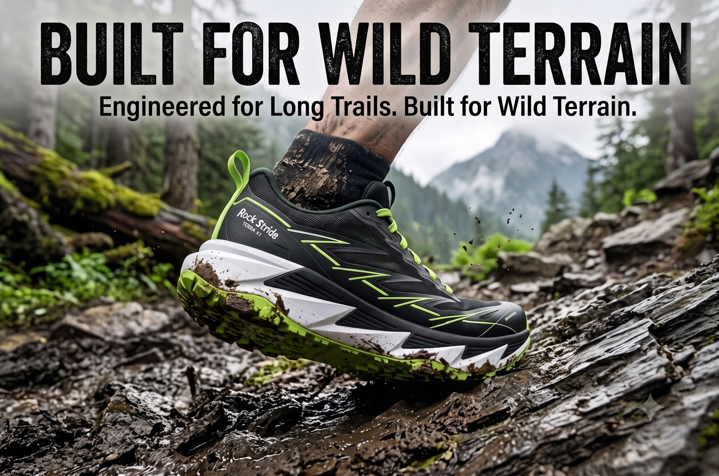 Rock Stride Terra X1 on wet, rocky trail terrain